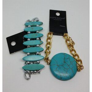 Bundle lot 2 faux turquoise silver and gold tone chain bracelets boho trendy